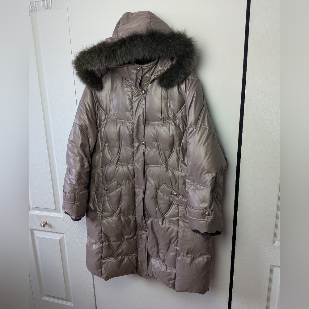 MARCONA Winter Women Coat Midi Lenght Size XL Green Fur Around Hoodie